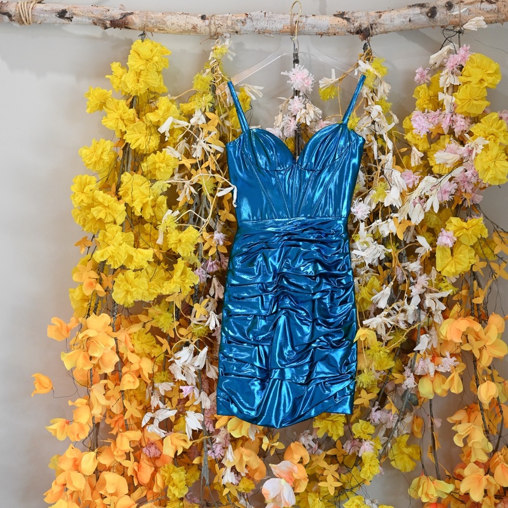 Shiny Blue Ruched Homecoming Dress